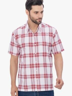 Happy BAY! Men's Short-Sleeve Red Plaid Button-Up Shirt...SIZE S...NWT